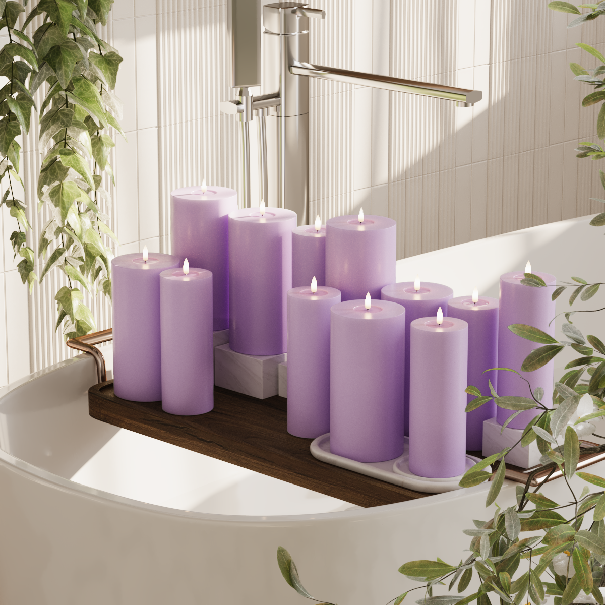 Deluxe Homeart LED blokklyspakke - Lavendel - 6 x 7,5 x 20 | 6 x 10 x 20 cm pakke 2
